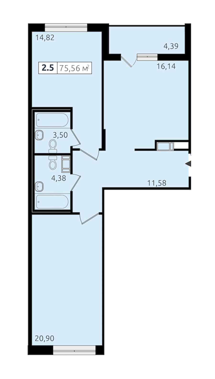 2-комнатная квартира 71.31 м², 8/12 эт., ЖК «Чёрная речка»